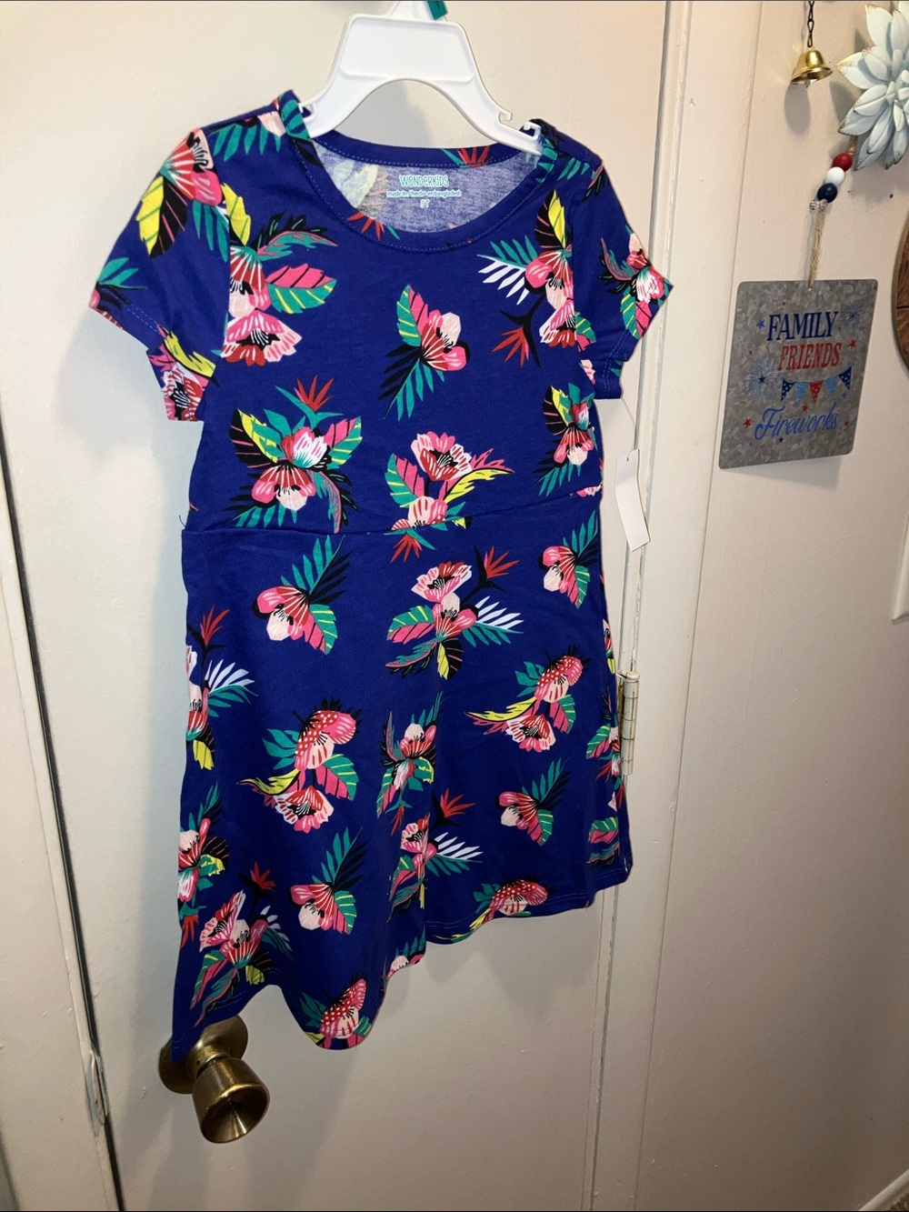 Wonderkids Navy Blue Floral Tropical Dress with Pink & Green Accents